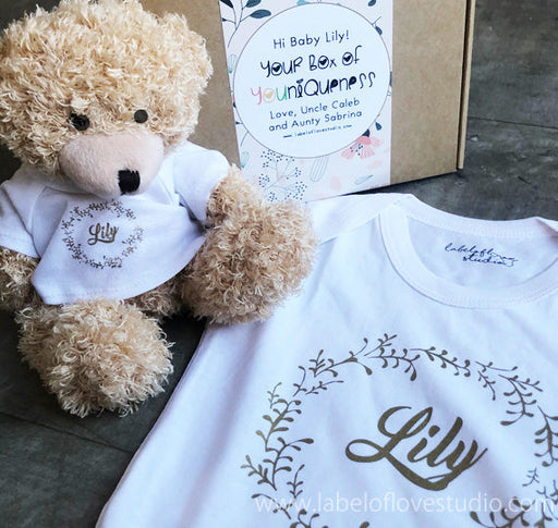 personalised baby gift consisting of a customised romper with a little bear with matching tee, perfect for baby showers and 100 days celebration